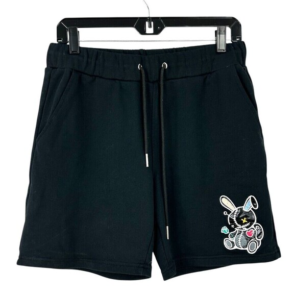 BKYS Lucky Charm Mens Sz S Black Summer Sweat Shorts Fleece Embroidered Comfort - Picture 1 of 12